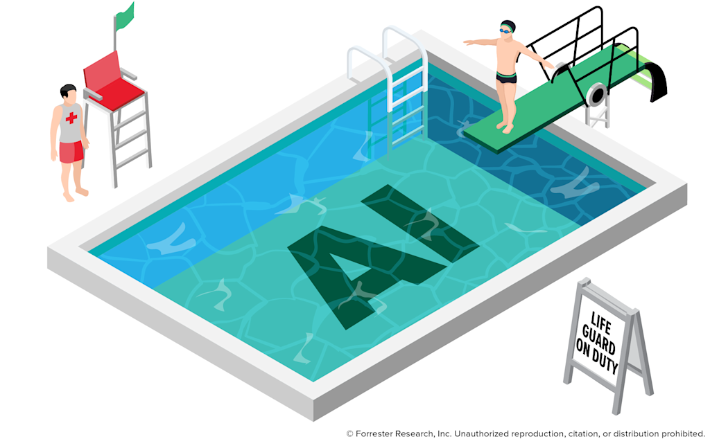 A conceptual image illustrating how the ‘human in the loop’ is akin to a lifeguard at a swimming pool, helping to assuage users’ fears of AI without direct interaction.